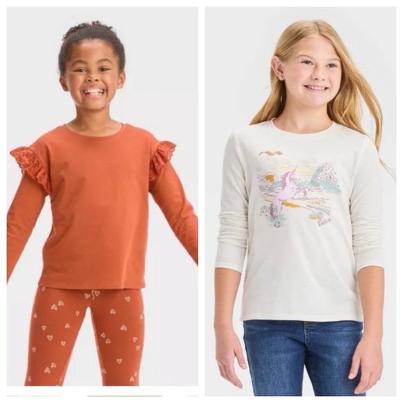 NWT Set of 2 Cat & Jack Girls Long Sleeve Tops, 1 Burnt Orange Lace,  1 Unicorn - Picture 1 of 9